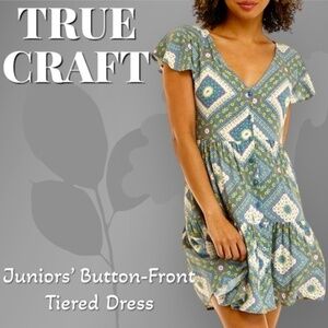 TRUE CRAFT Juniors’ Short Sleeve Button-Down Tiered Dress NWT